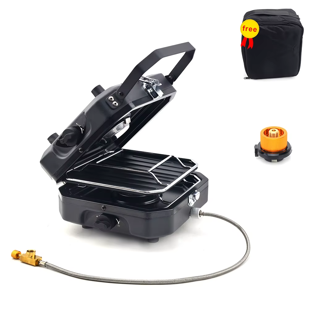 Portable double gas stove with storage container