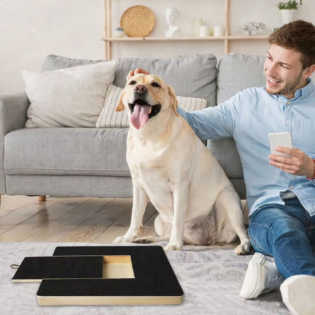 man and his dog sitting next to scratcher board