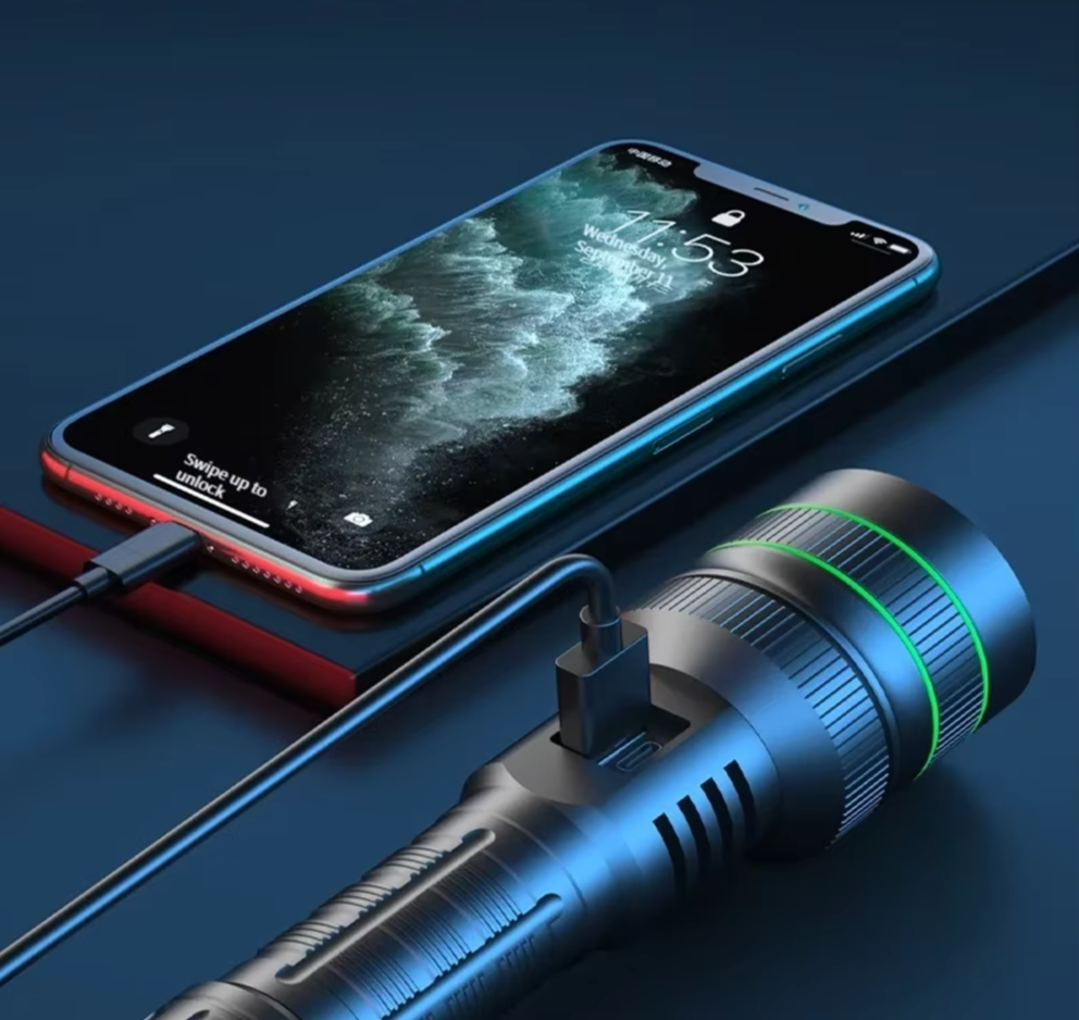 Flash light with type-C charge and power supply mode to recharge cellphone