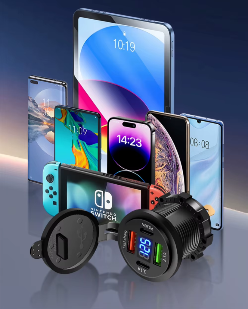 car charger and multiple devices like nintendo switch, tablet, notebook, cellphone