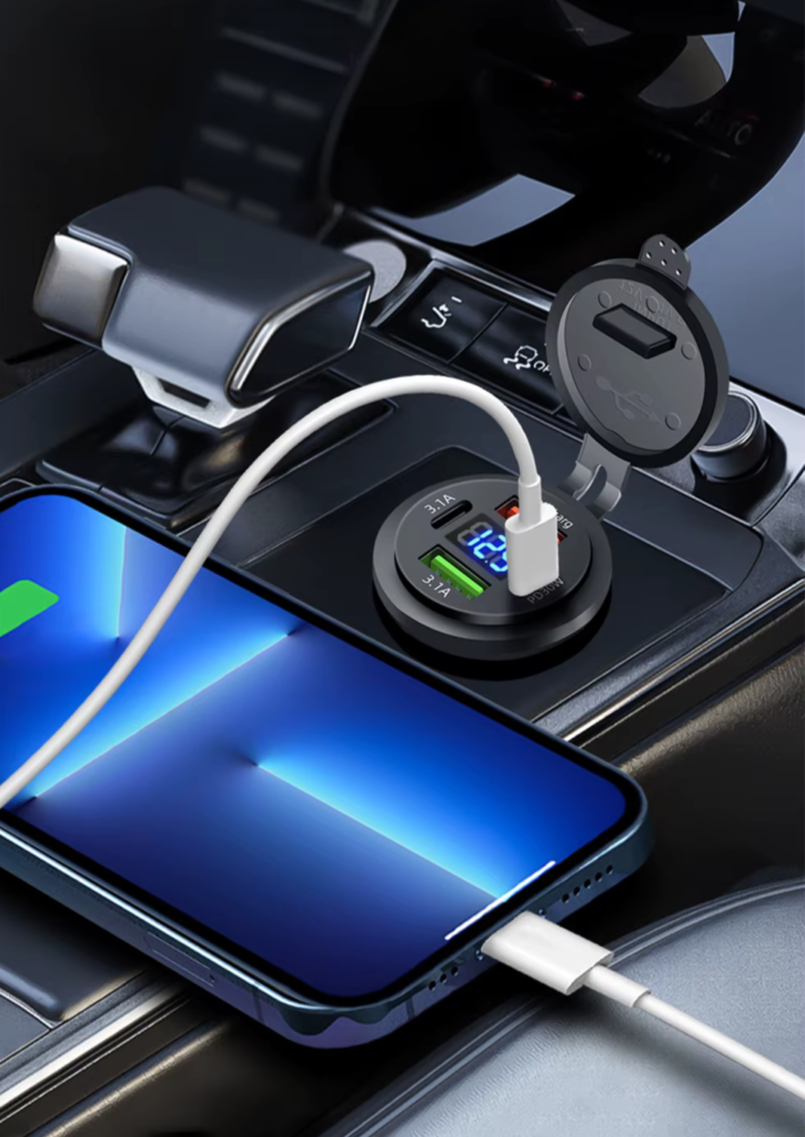 car charger plugged and charging one cellphone