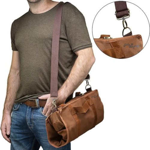 A man wearing the portable brown Bartender bag