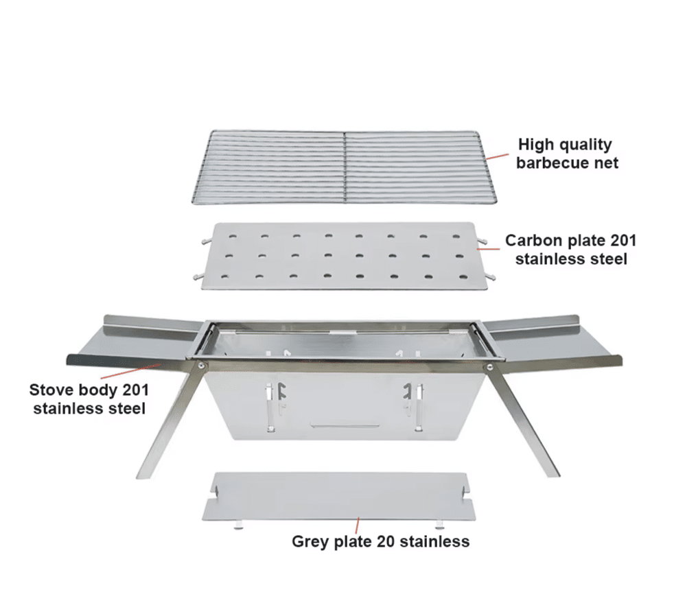 Portable and foldable barbecue grill pieces: Grey plate 20 stainless, carbon plate 201 stainless steel, stove body 201 stainless steel, high quality barbecue net