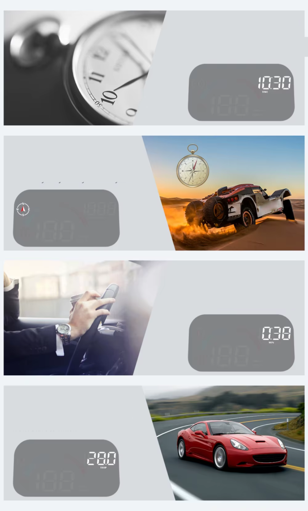 vehicle speed, clock, progress bar, driving time, compass, mileage hud display modes