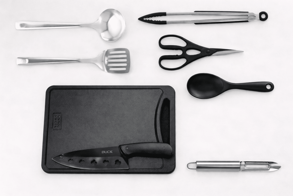 Kitchenware kits, soup ladle, frying shovel, peeler, rice spoon, scissor, clamp, kitchen knife, chopping board