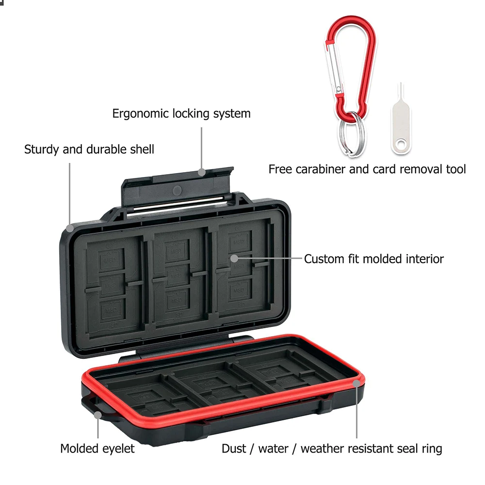 opened storage sd card case with carabiner