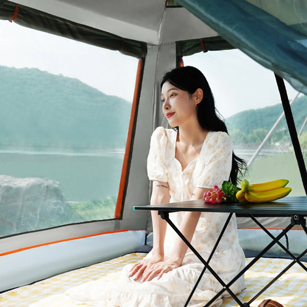 Girl insde a spaceful camping tent