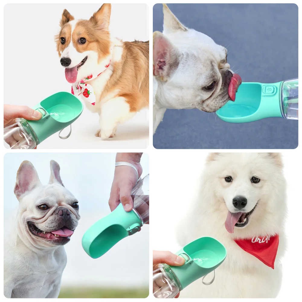 four images, each one with a dog drinking with the portable dog water bottle