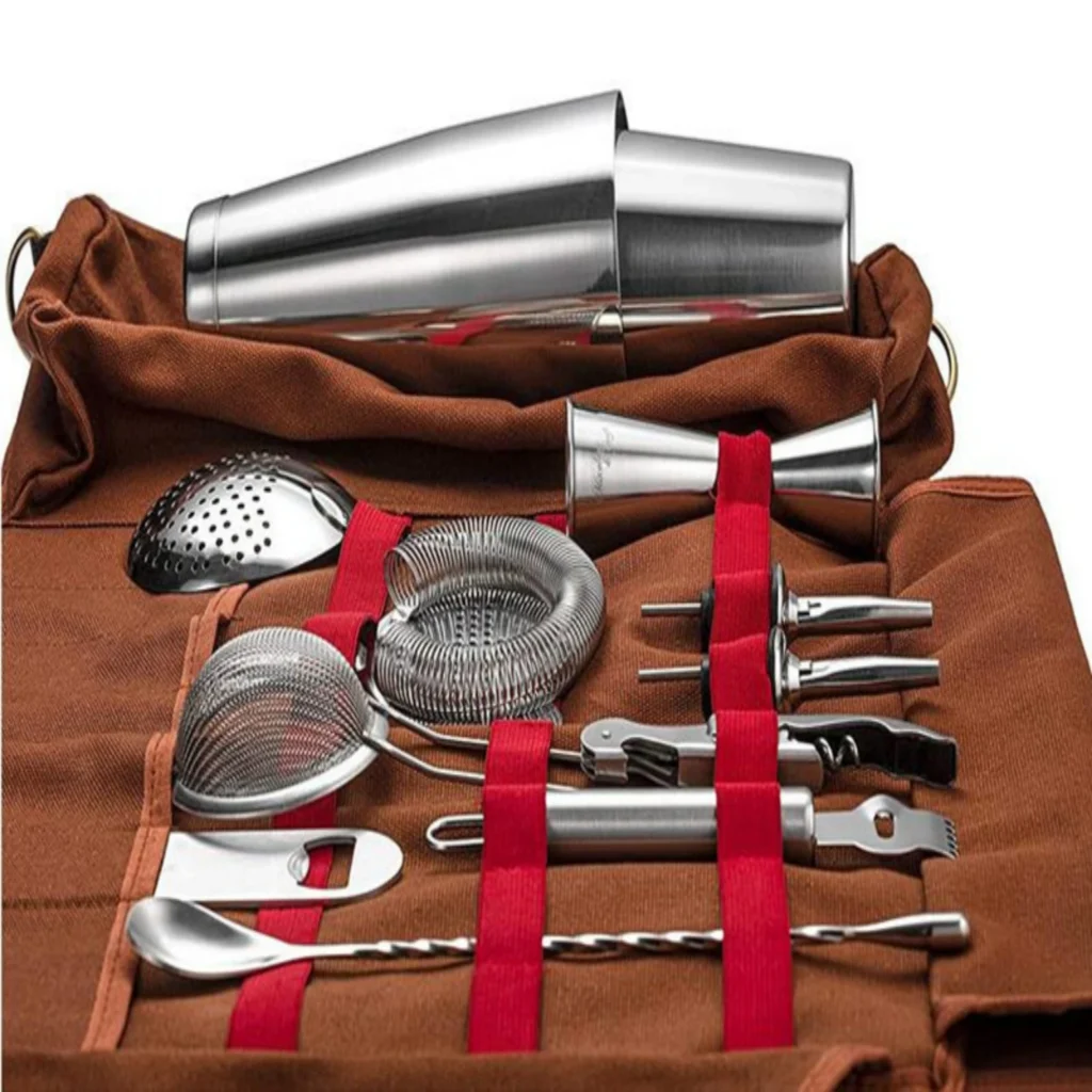 Bartender kit with multiple compartiments and kitchen tableware