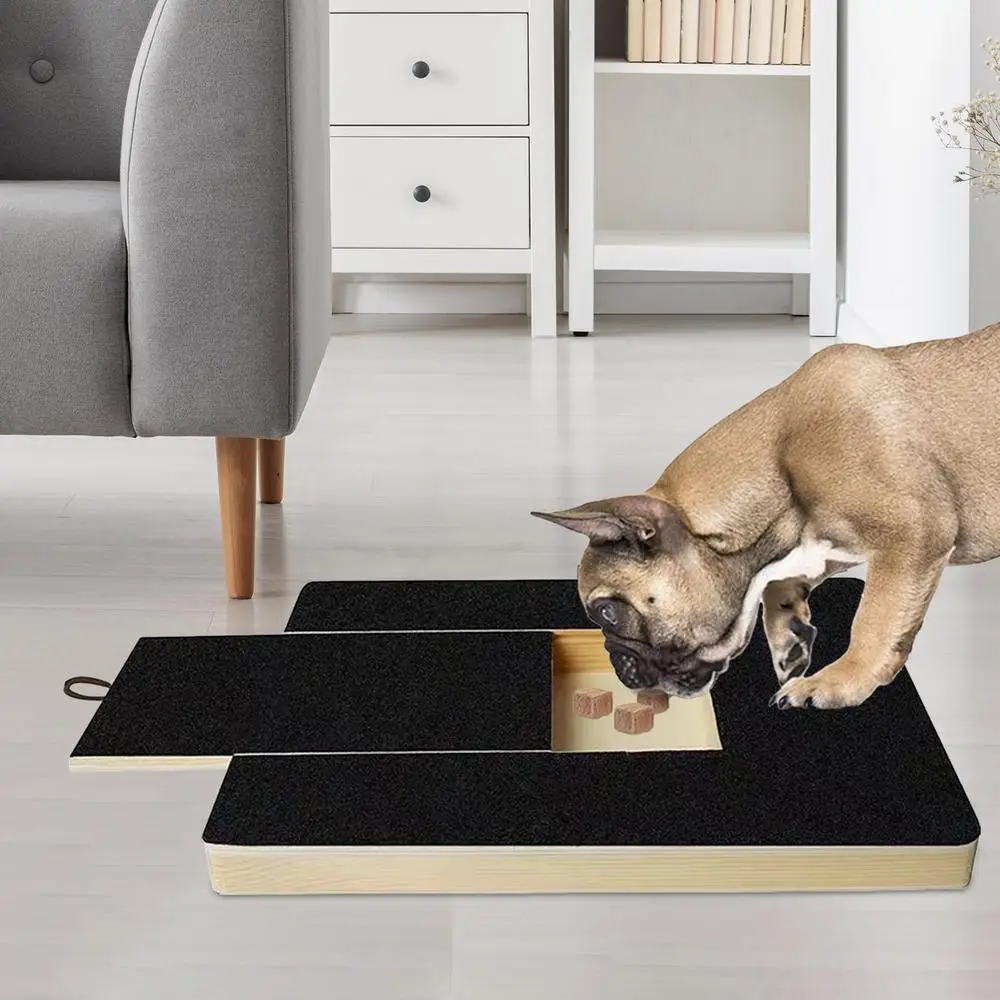 dog eating when the scratcher board is opened