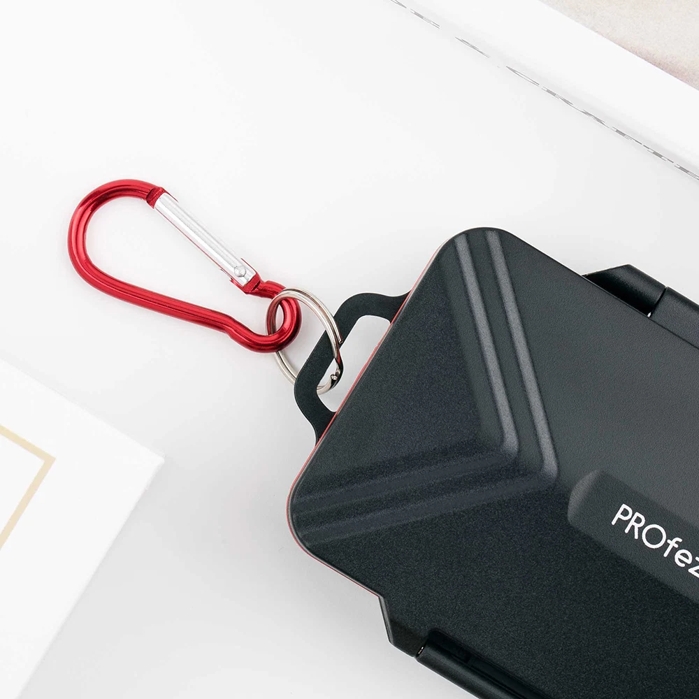 SD card case attached on the carabiner