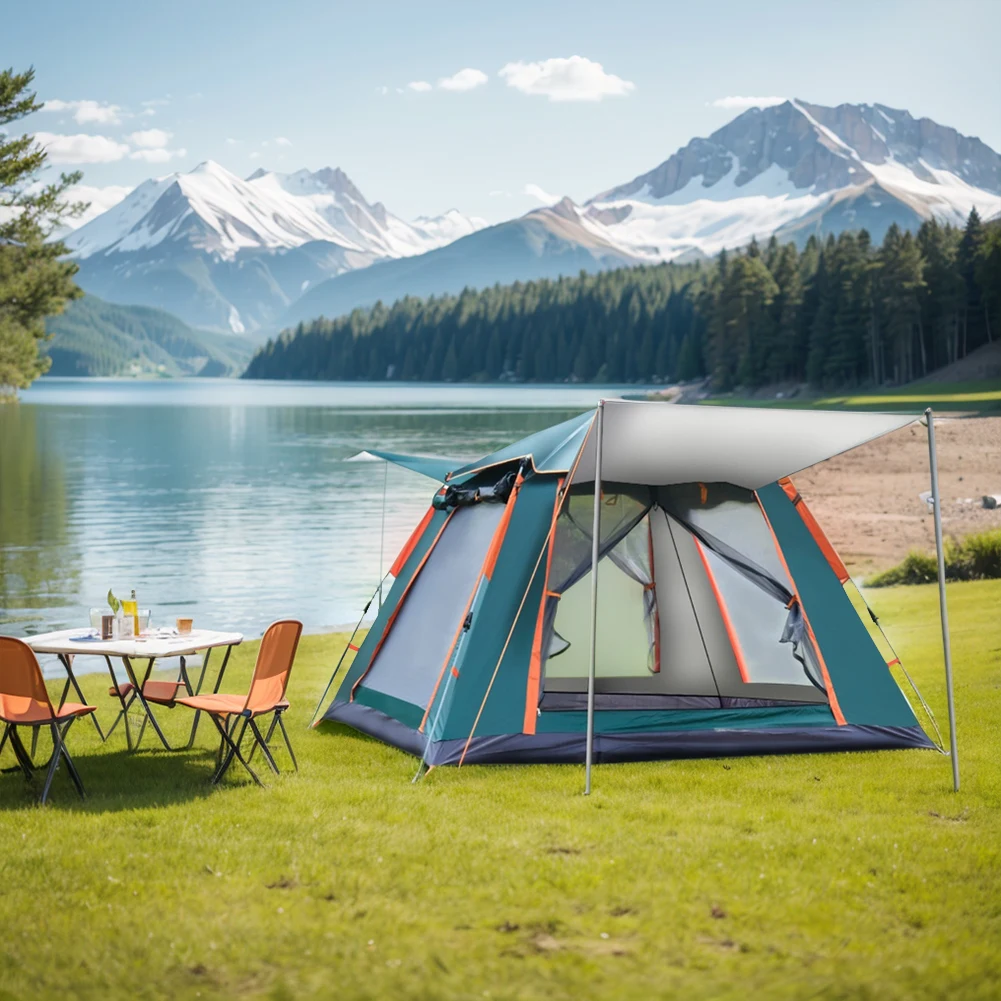 House camping tent next to a lake