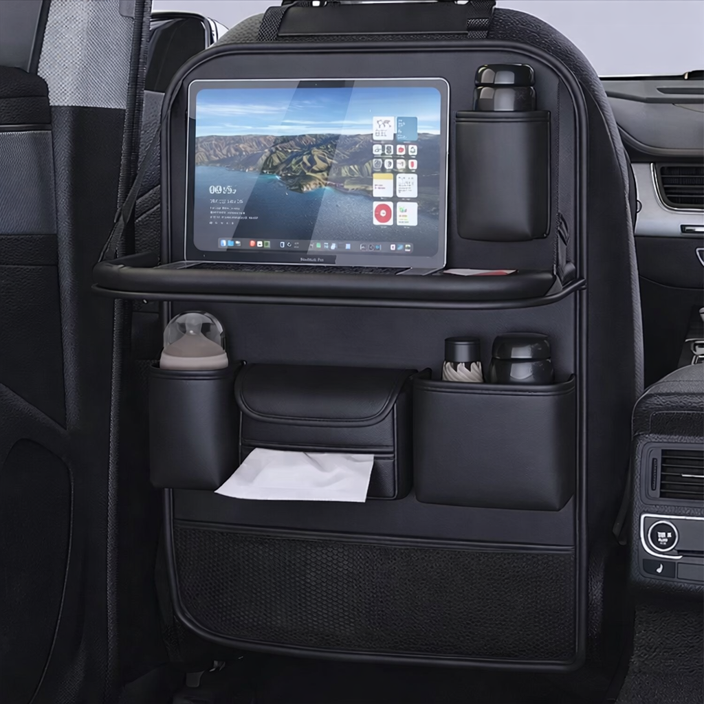 Seat Back Storage Bag with notebook and other objects