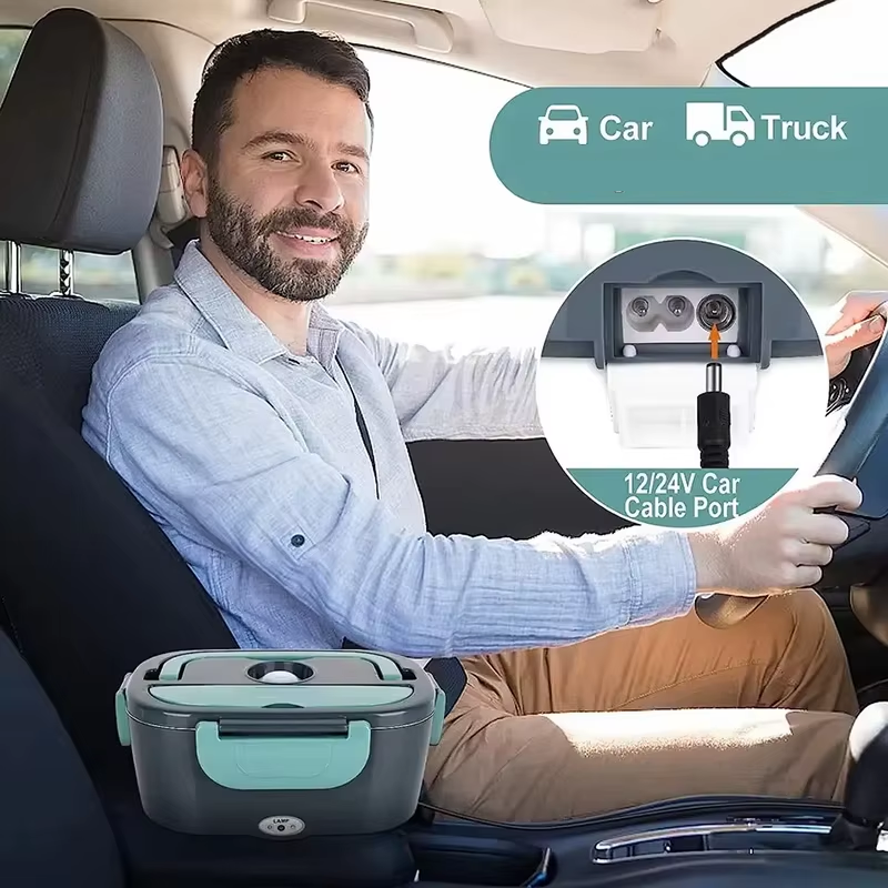 Man driving while heating his food with electric lunch box