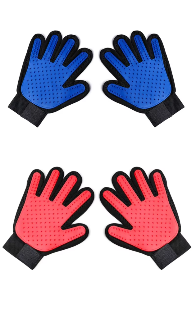blue and red pairs of grooming glove
