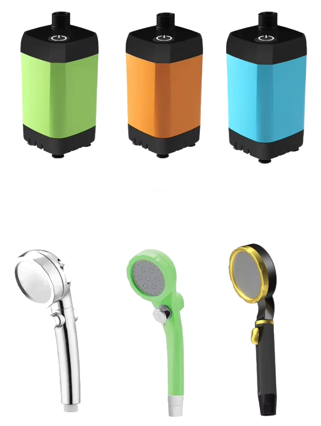 green, orange and blue electrict portable pump shower