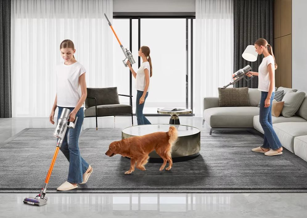 3 same woman cleaning the house in three different spot with portable vacuum clean
