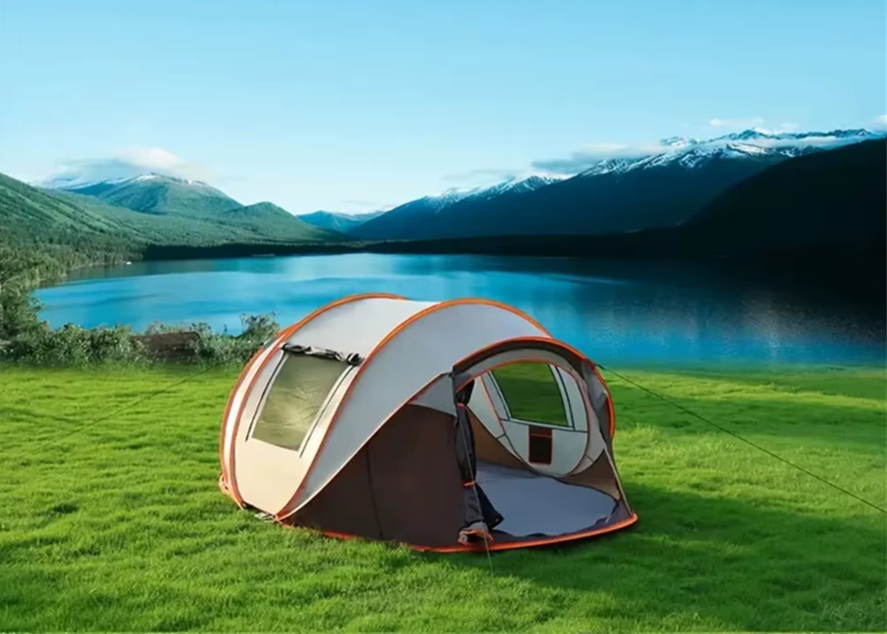 orange version tent on a lake