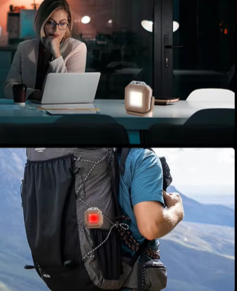 two images, one composed by a woman sitting on a chair with a led inspection light on a table a the other one is a man carrying the inspection led light on the backpack