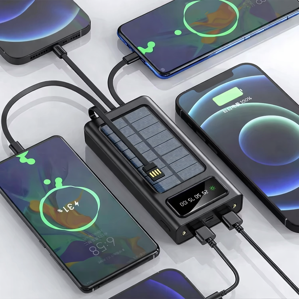 black solar power bank charging many devices at same time