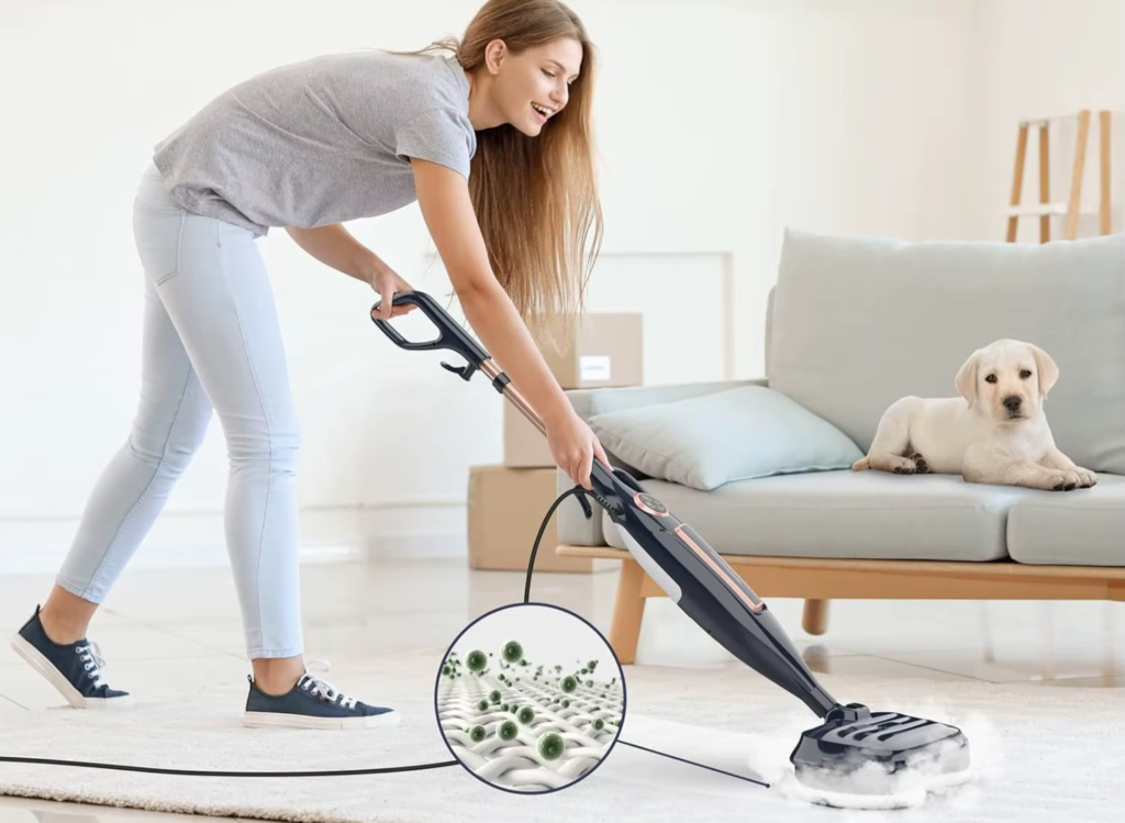 woman cleaning the house with a multifunction vacuum cleaner