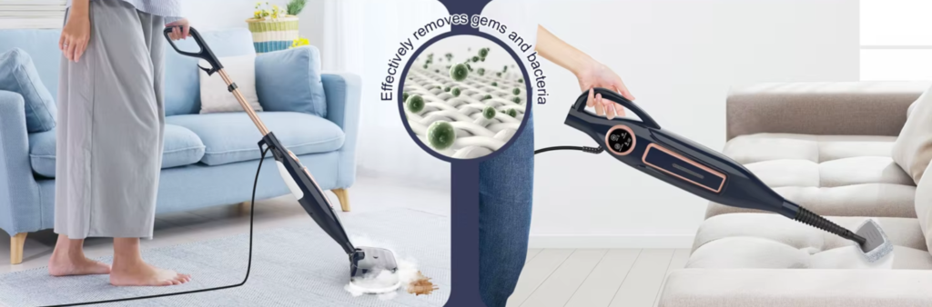 eliminate all bacterias from the ground. The image shows a girl using the vacuum cleaner