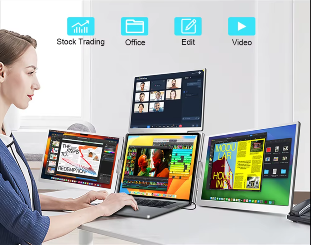 multiple usage like stock market, office, edit, videos of triple portable monitor