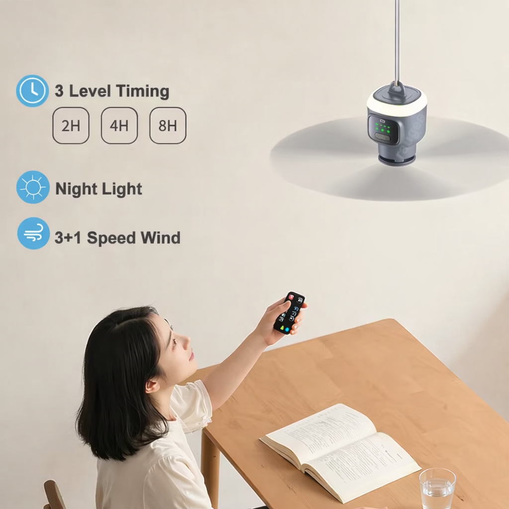 3 level times, night light and 3 speed modes of portable ceiling fan