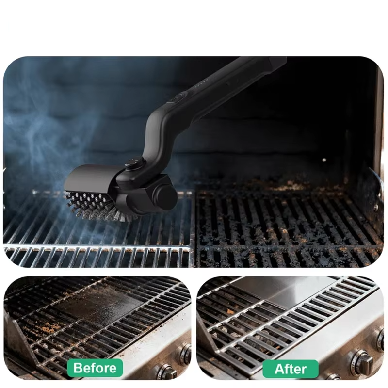 3 images showing the usage of electric grill brush
