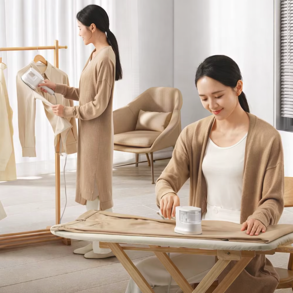 woman using handheld steam