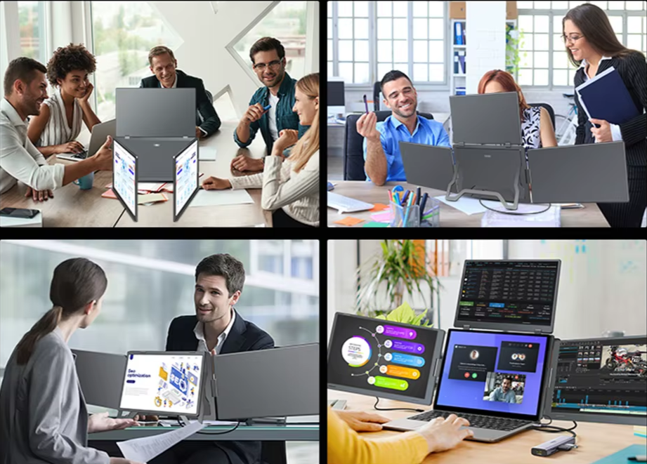 four different scenes about the triple portable monitor