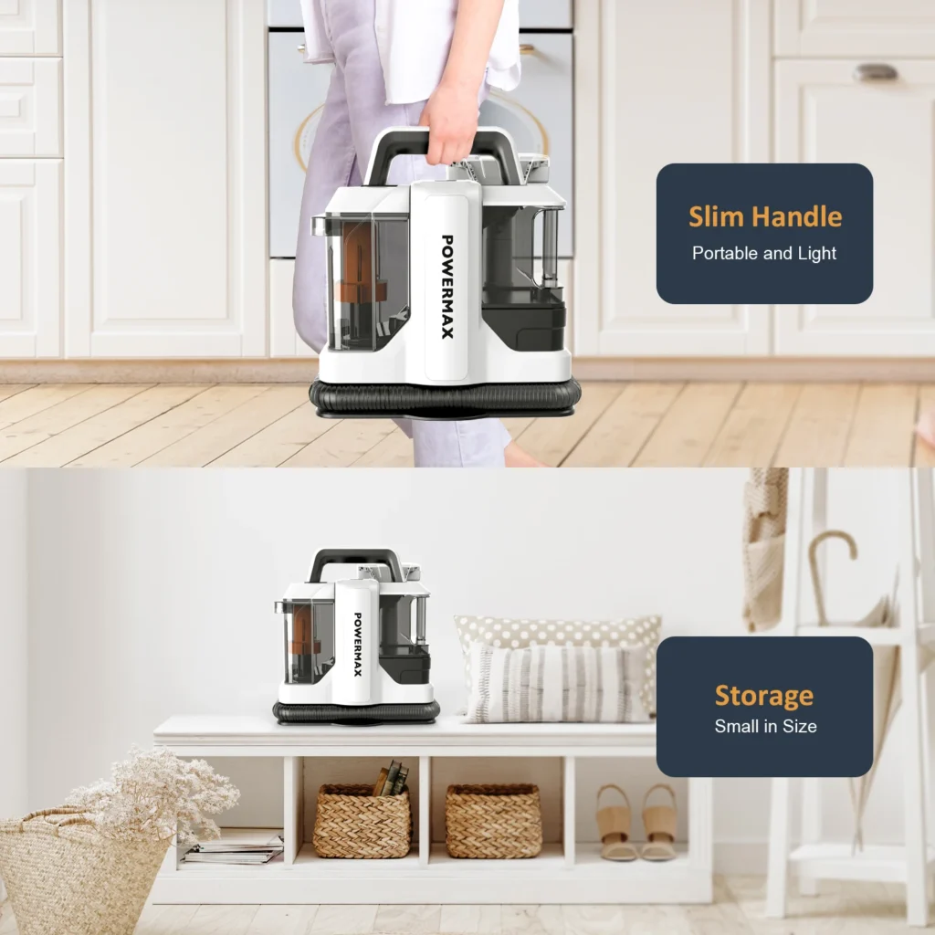 image showing a man carrying the carpet cleaner with one hand and another image shows the compact size from the carpet cleaner