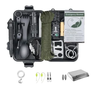 survival kit with many tools like, spoon, flashlight, fishing kit, first aid kit