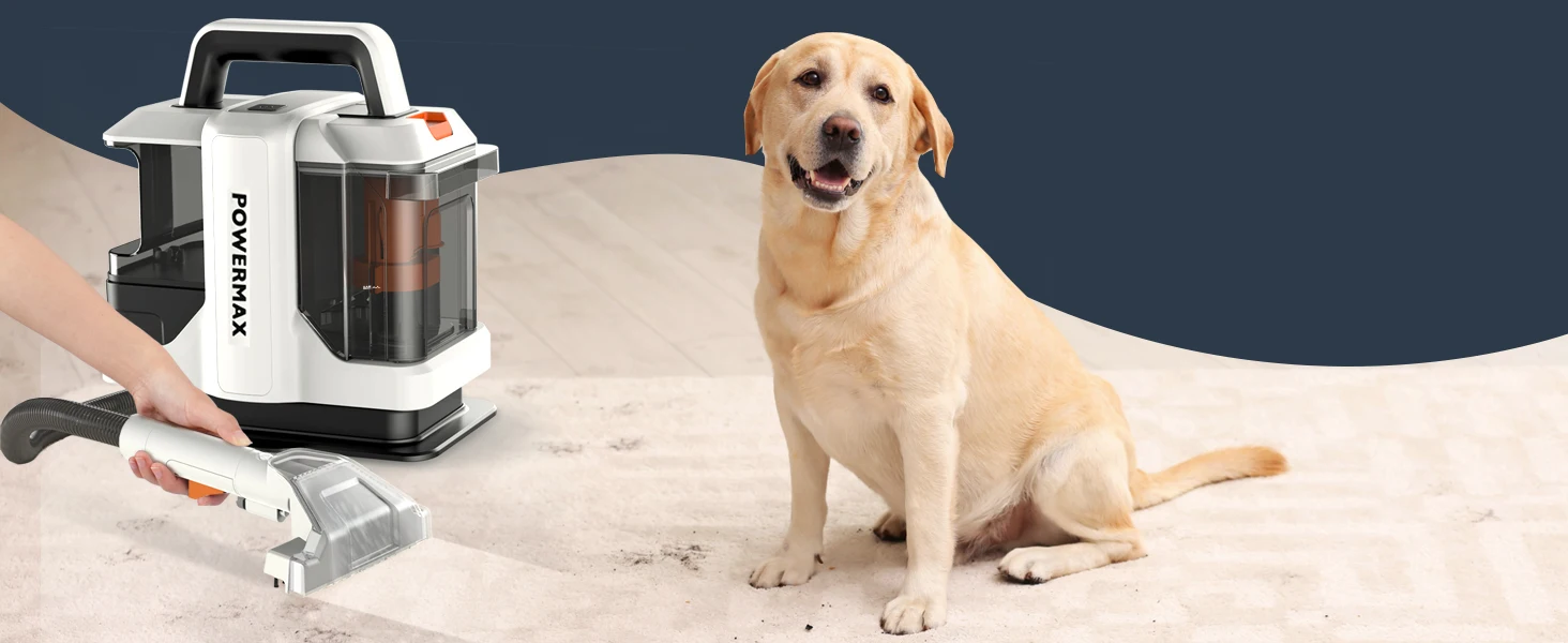 carpet cleaner next to a dog