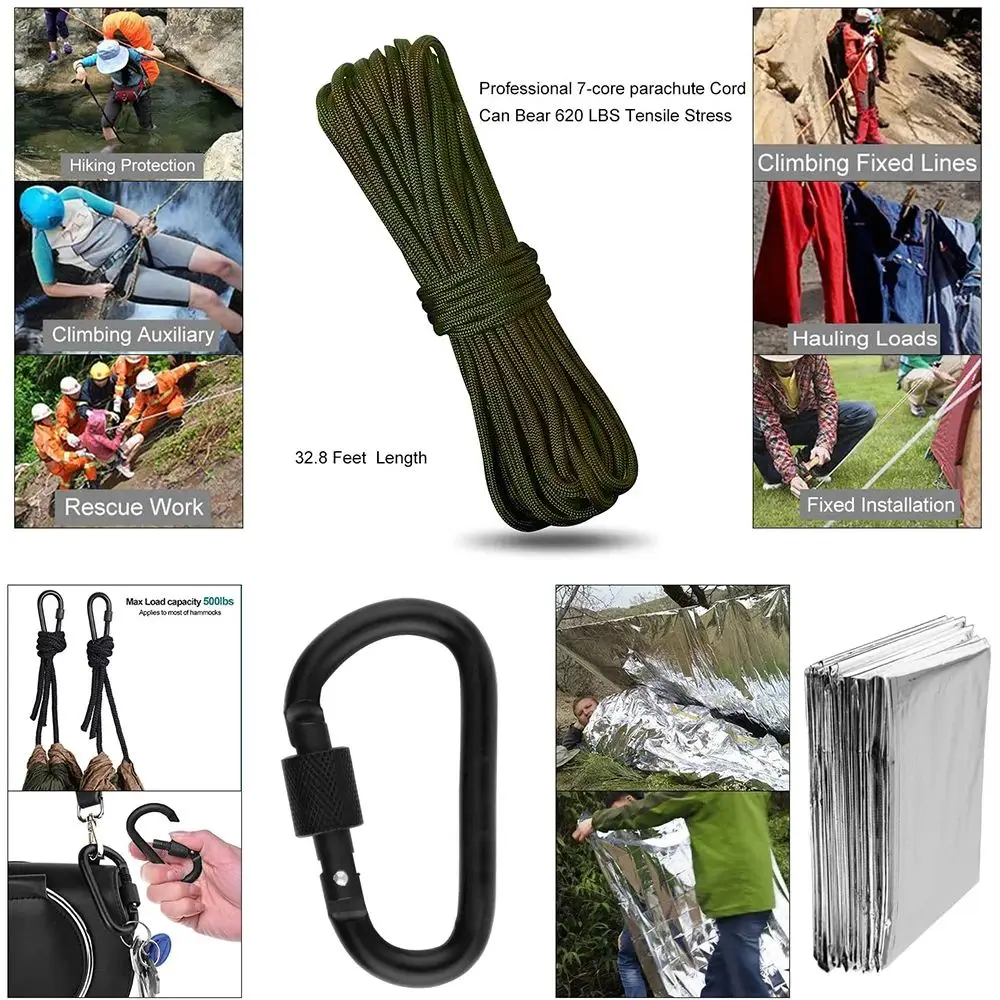 rope, carabiner and emergency reflective blanket