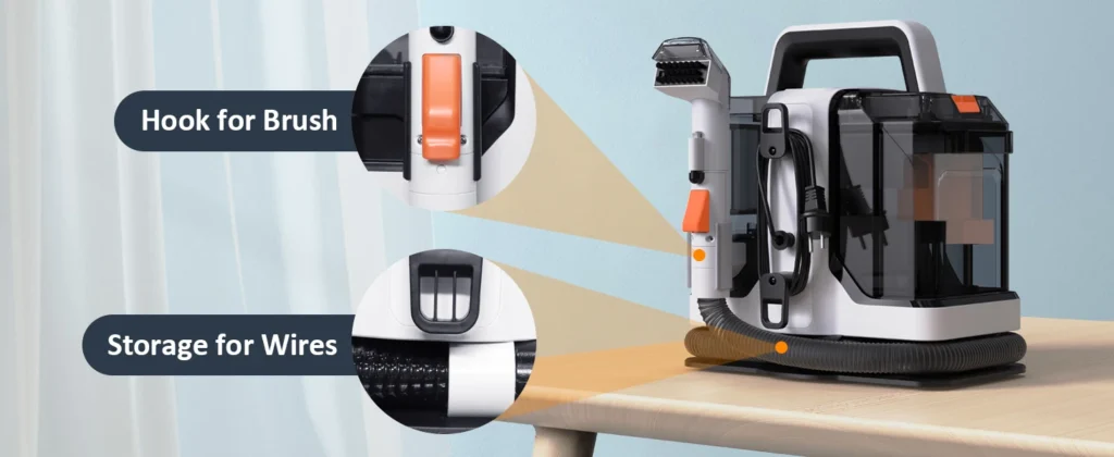 hook for brush and storage for wires for carpect cleaner