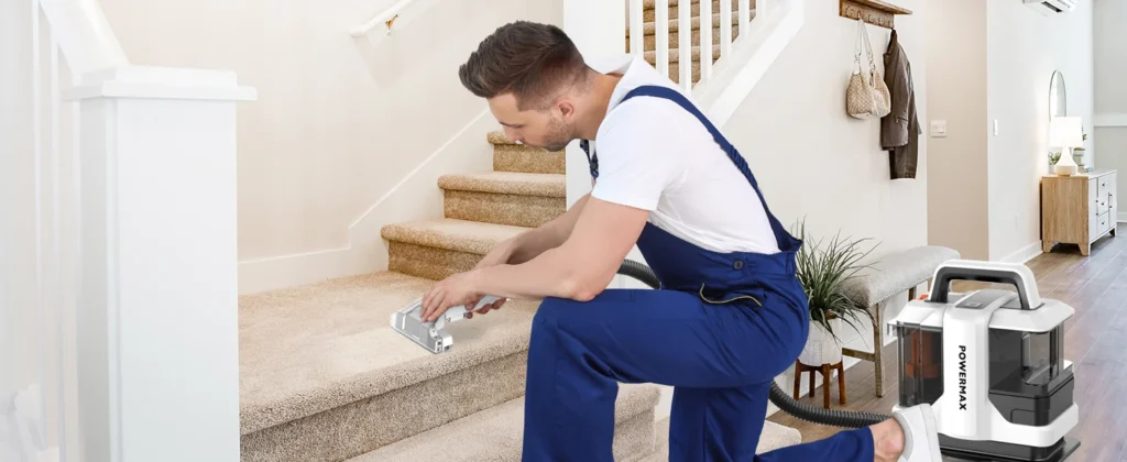man using the carpet cleaner to clean the house