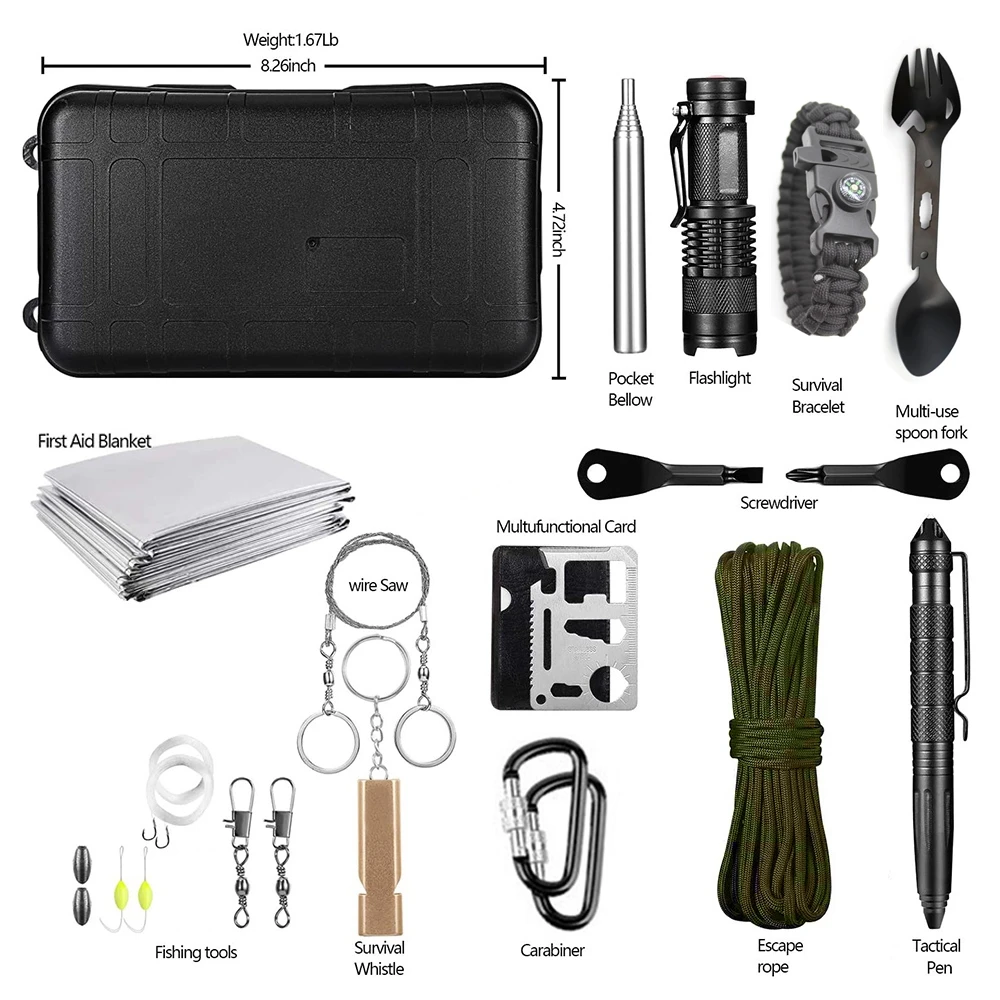 full kit, spoon, emergency blanket, rope, window breaker pen, flashlight, carabiner, multifunction card, pocket bellow, fishing kit, screwdriver, etc