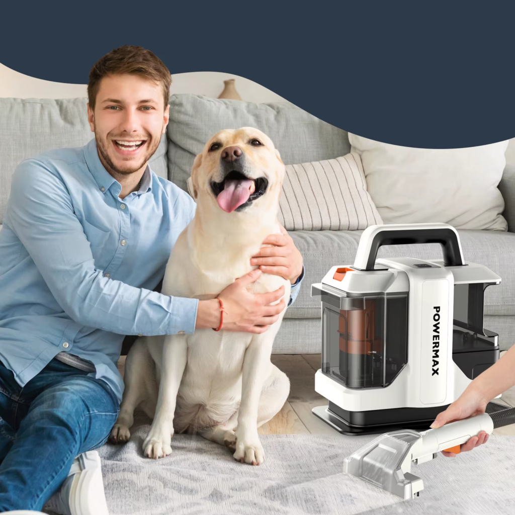 portable carpet cleaner on the left side of a man hugging his dog