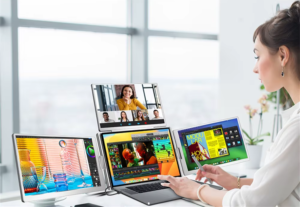 girl working and using the triple portable monitor