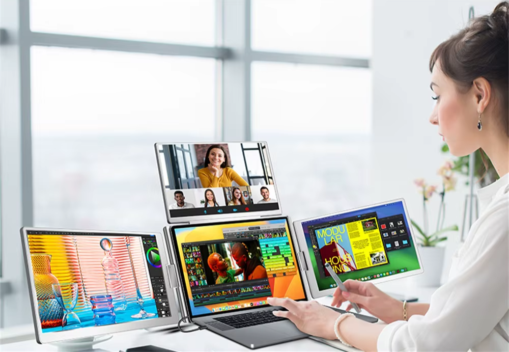 girl working and using the triple portable monitor