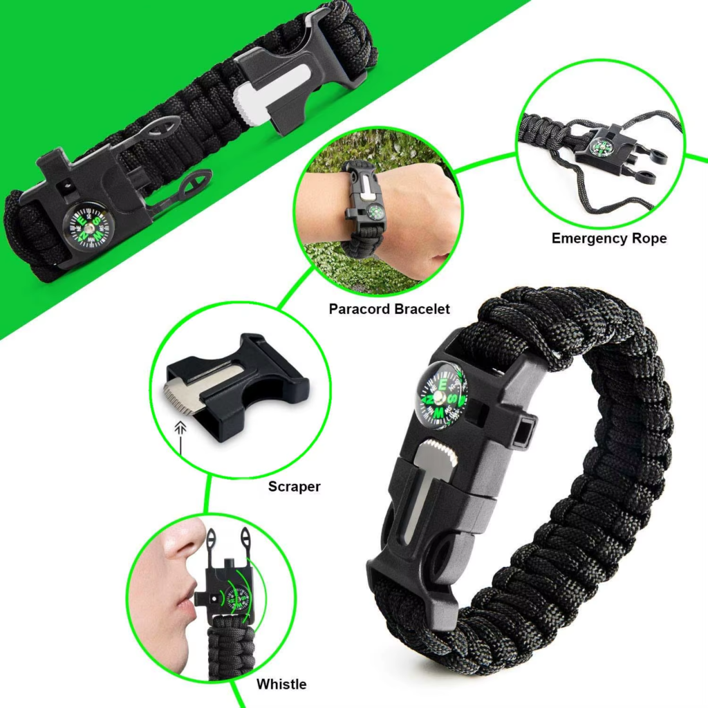 emergency rope, paracord bracelet, scraper, whistle