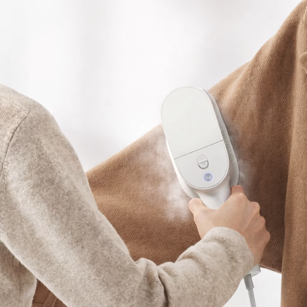 using handheld steam on a piece of cloth