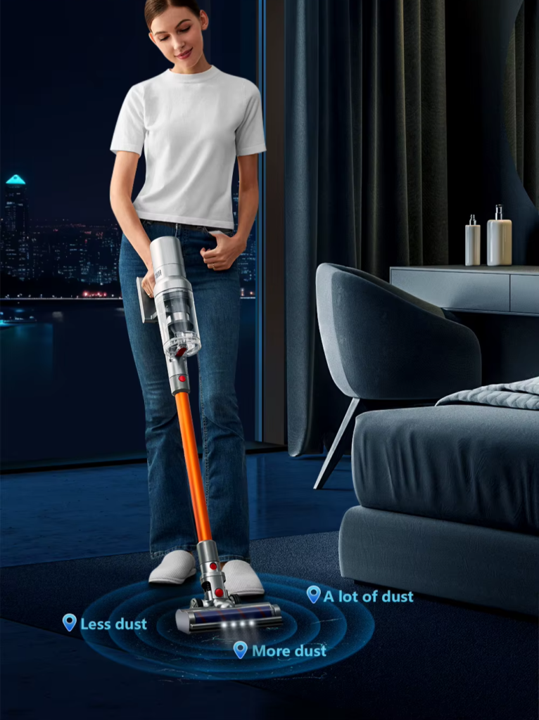 woman clean the house with portable vacuum cleaner