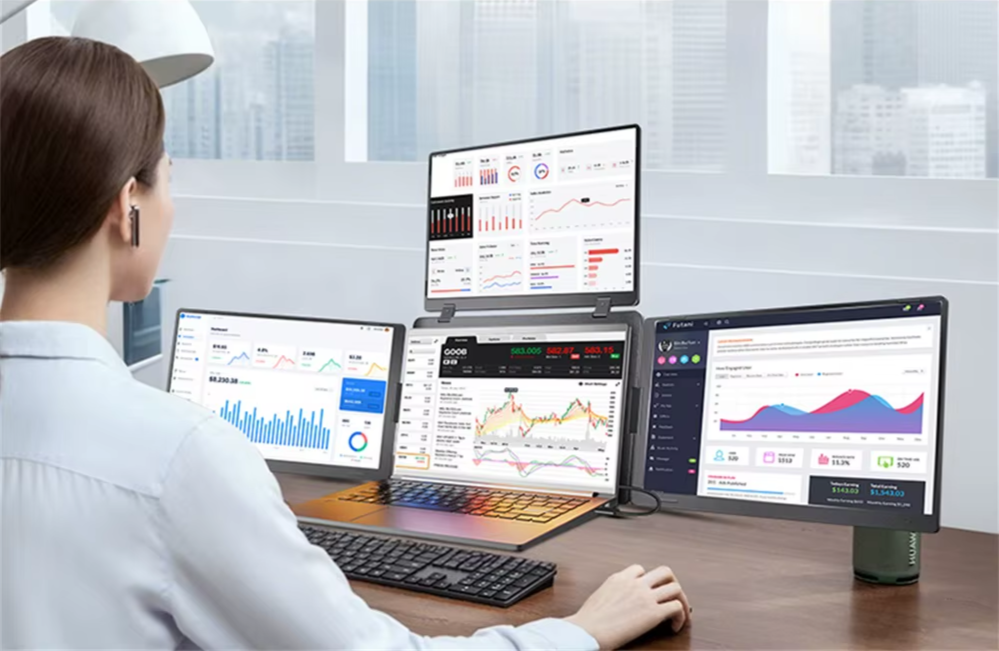 a person using a notebook with the triple portable monitor