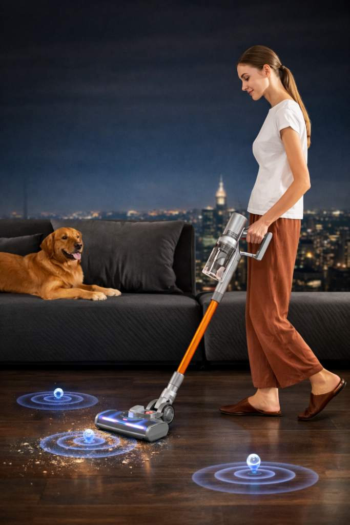 woman cleaning the floor with the portable vacuum clean