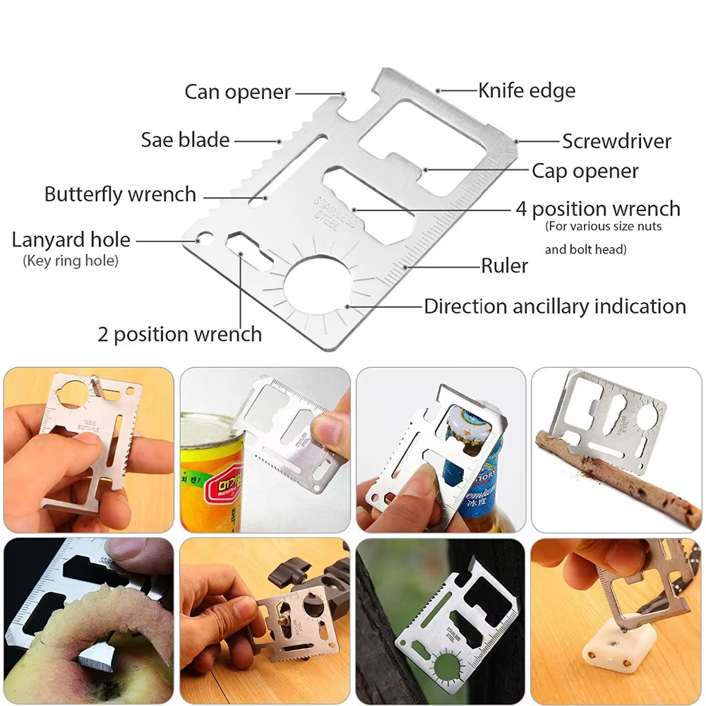 multifunction card tool. knife edge, can opener, sae blade, butterfly wrench, lanyard hole, ruler, screwdriver, 4 position wrench