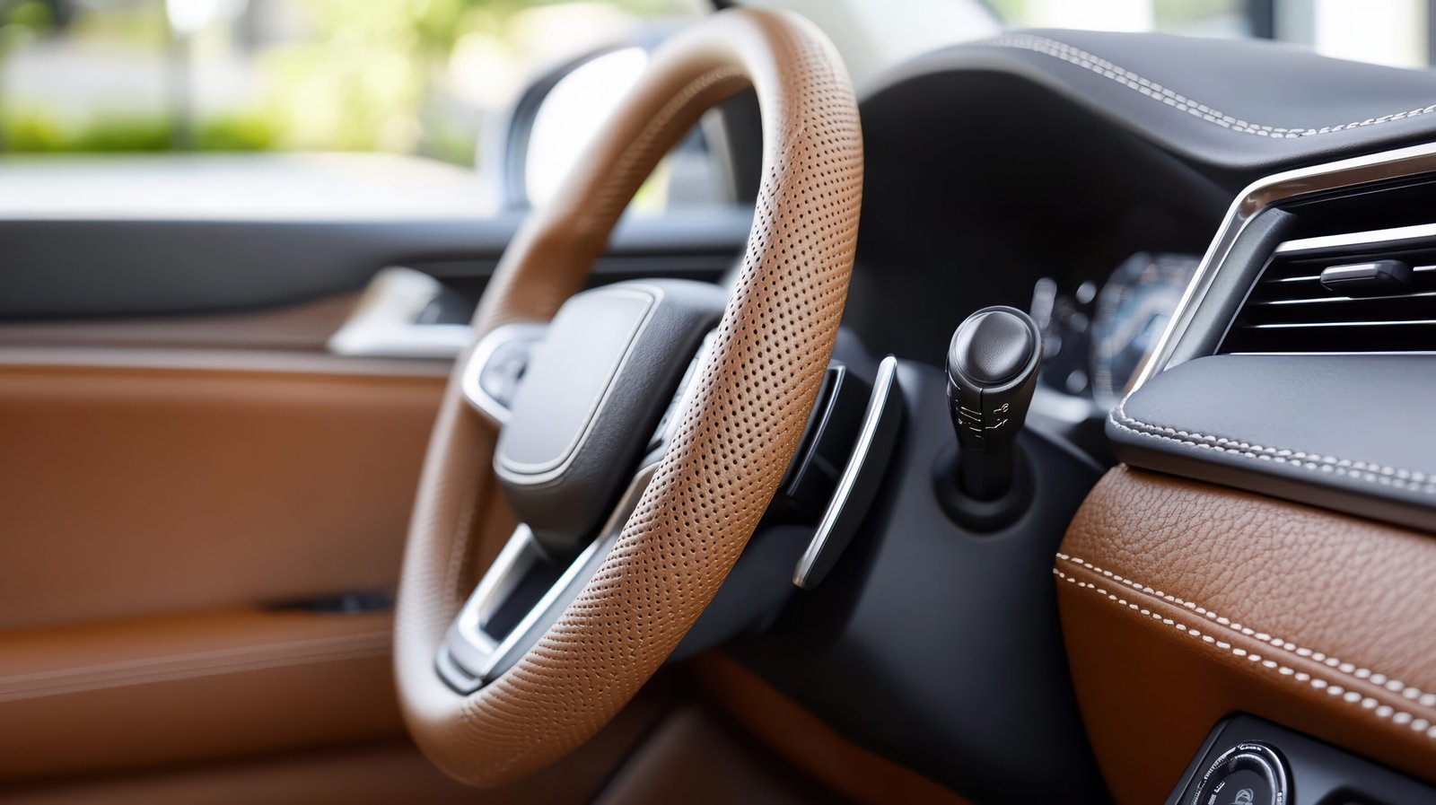 Brown leather steering wheel and stitched dashboard interior with warm light