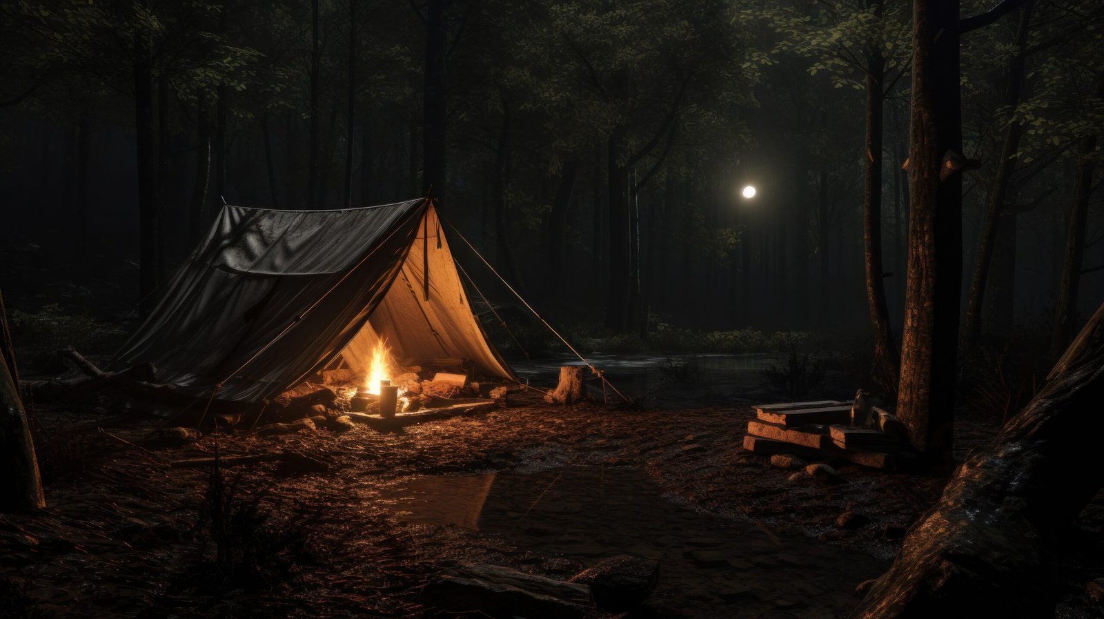 Night Camping on a forest. There is a tent with lamp illuminating its surrounds