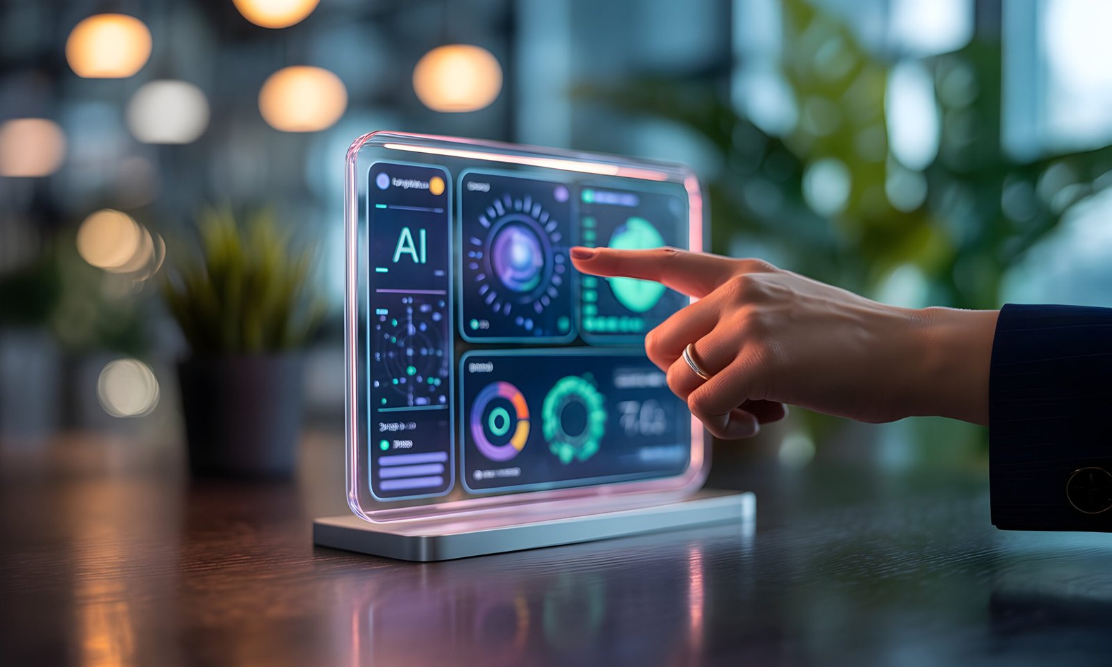 A hand interacts with a modern, transparent display screen. The display shows data visualizations with various colors and shapes. The setting appears to be a contemporary interior, likely indoors. This image is ideal for use in articles about AI, data visualization, or technology.